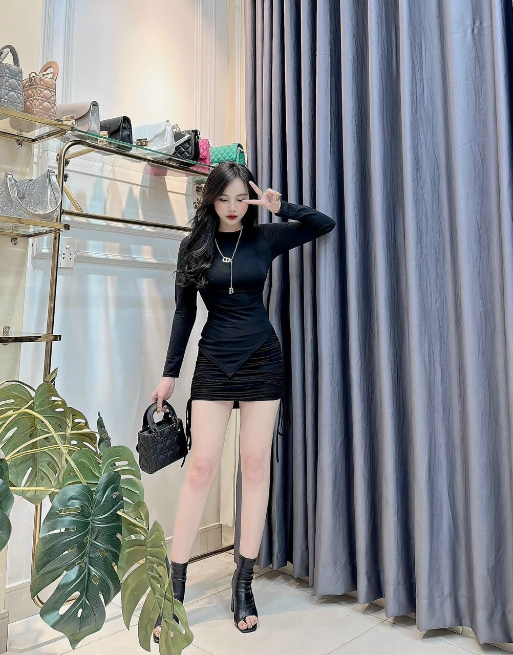 Set áo thun body vạt nhọn dài tay kèm chân váy dây rút pnt shop