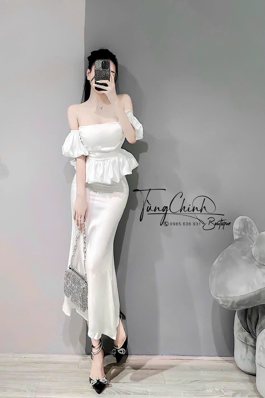 Set bộ hottrend áo trễ vai tay bèo chiết eo mix chân váy dáng dài ôm body, Set bộ siêu HOT áo trễ vai tay bèo mix chân váy ôm dáng quyến rũ, Set bộ mặc đi chơi, dự tiệc sang chảnh chân váy ôm body mix áo trễ vai tay bèo TH