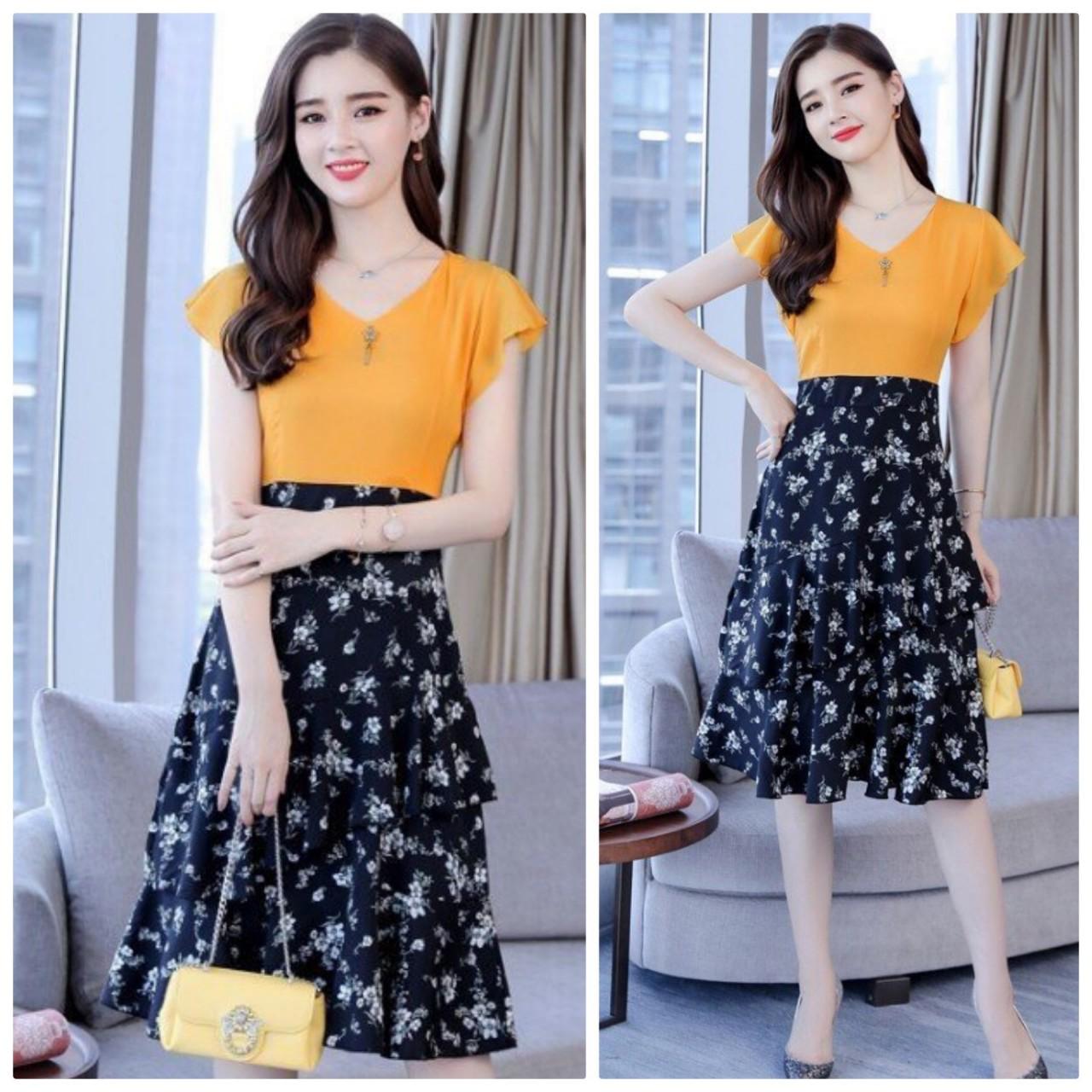 ĐẦM XÒE TAY CÁNH TIÊN CHÂN VÁY TẦNG IN HOA - BY7004