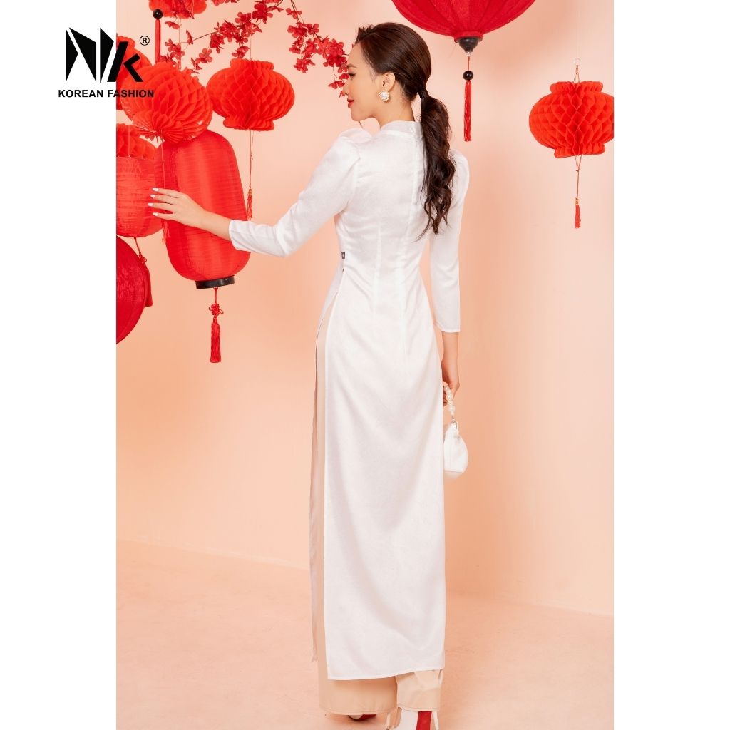 Áo Dài Gấm Cách Tân Trắng NK Fashion NKBD2112004 Thiết Kế Hiện Đại Nơ Cổ Sang Trọng, Màu Sắc Trang Nhã