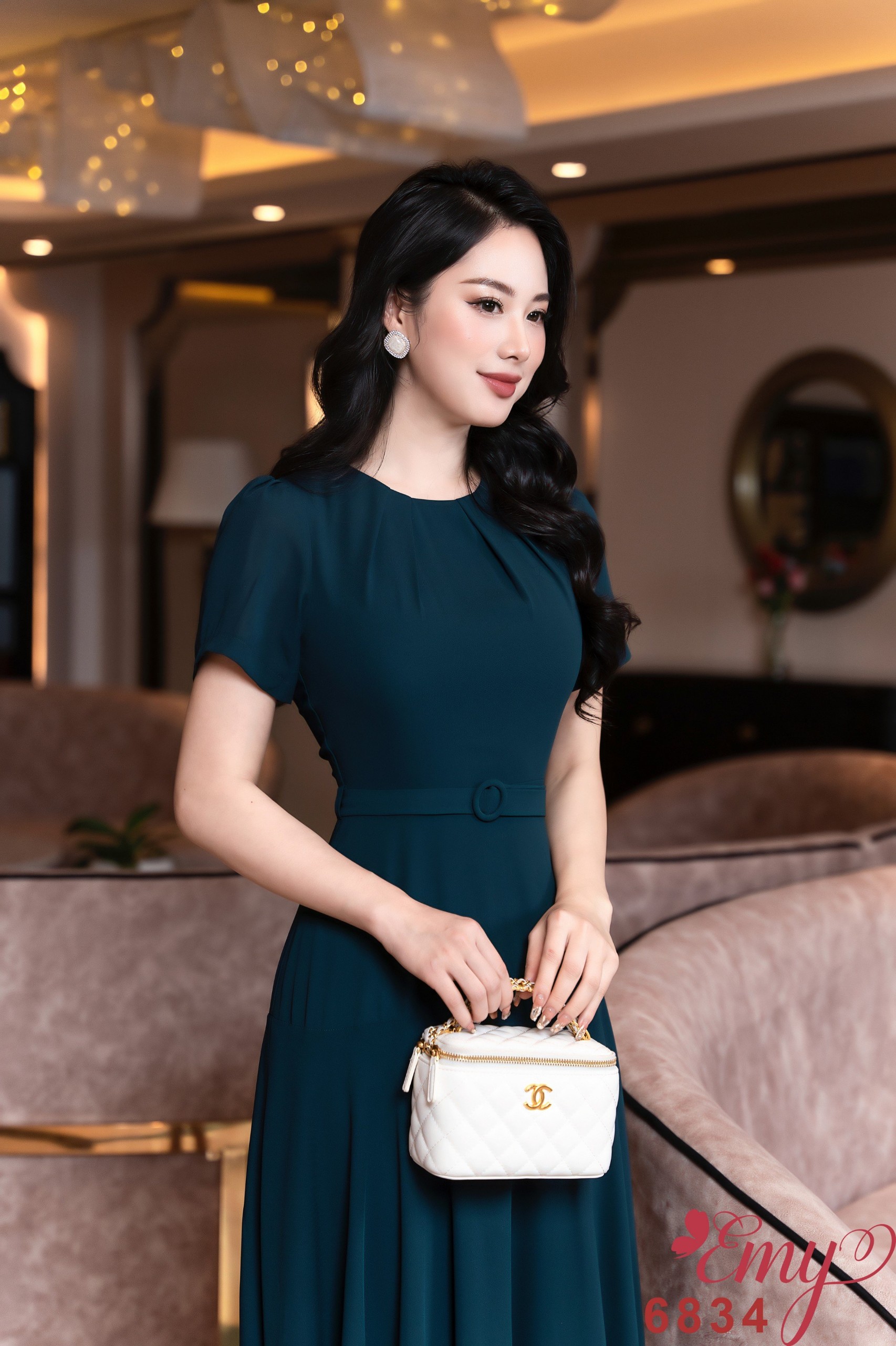 Đầm EMY EM6834 Xoè Xanh Cổ Tròn