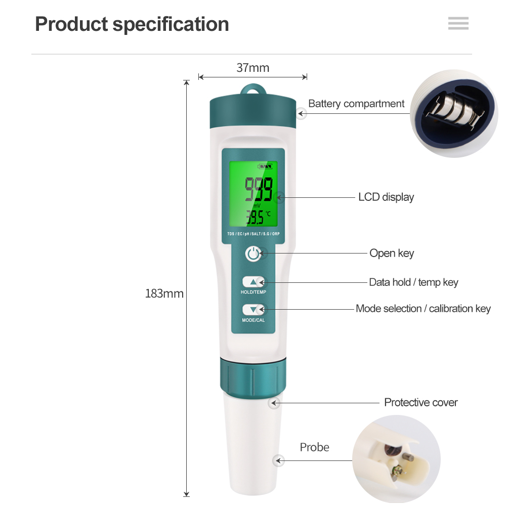 Máy đo ORP PH TDS EC kỹ thuật số 7 trong 1 Độ mặn SG Máy kiểm tra nhiệt độ Độ dẫn điện Bộ lọc nước Bút kiểm tra độ tinh khiết có đèn nền