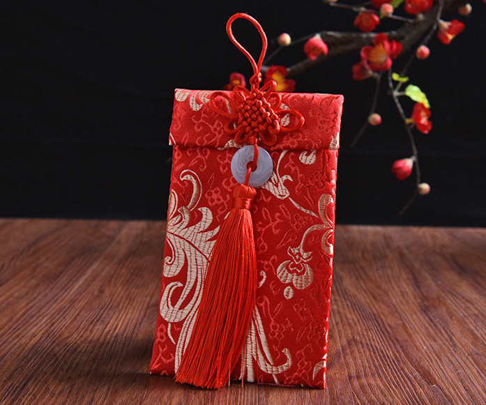 Bao Lì Xì Vải Gấm Cao Cấp Đính Ngọc Bội May Mắn - Họa Tiết Phượng ĐỨng