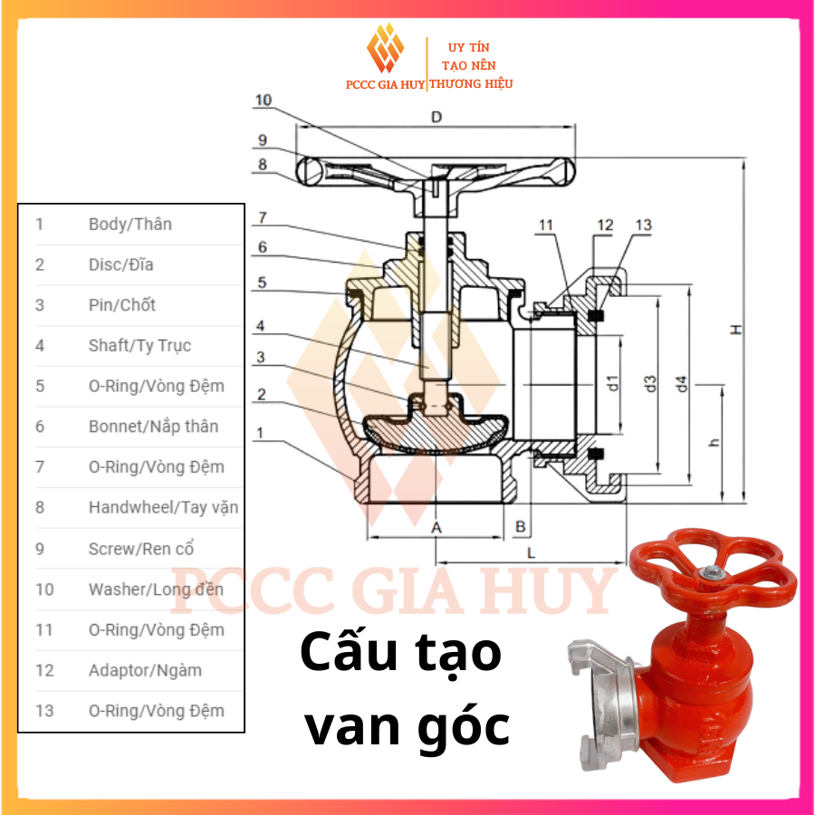Van góc DN50, DN65 có tem kiểm định - van cứu hoả - van dùng trong PCCC