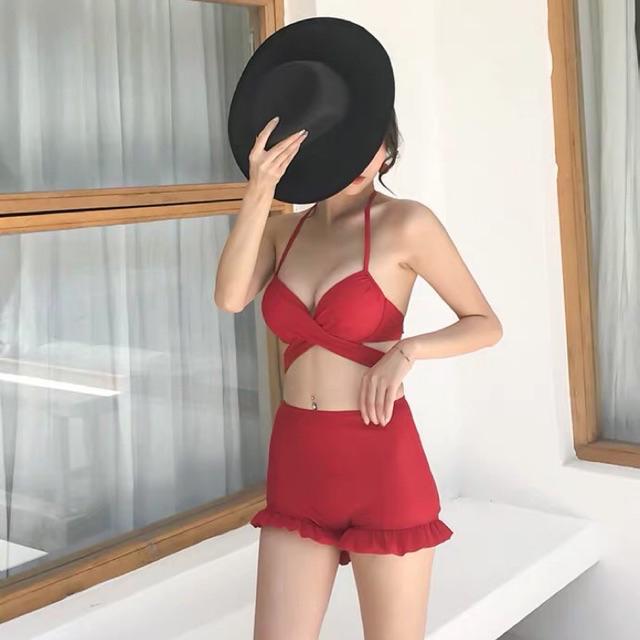 Bikini áo chéo eo nâng ngực mix quần cao short bèo