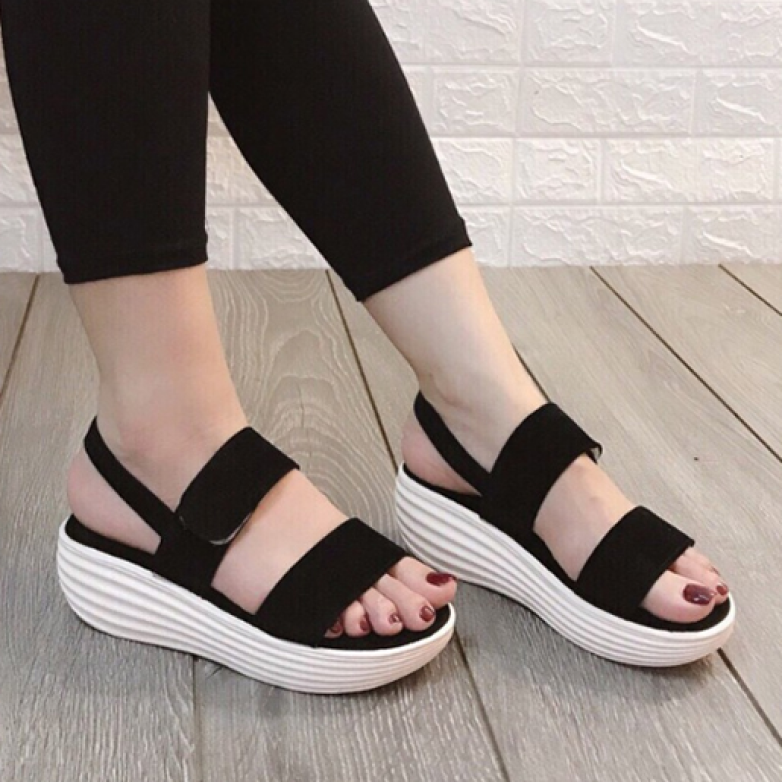 (Bảo hành 12 tháng) Giày sandal đế xuồng nữ 2 quai ngang đế bánh mì thời trang - Giày sandal đế đúc PU mềm cao 5cm - Giày nữ Da Nhung mềm mịn 2 màu Đen và Hồng Da - Linus LN140 giá rẻ