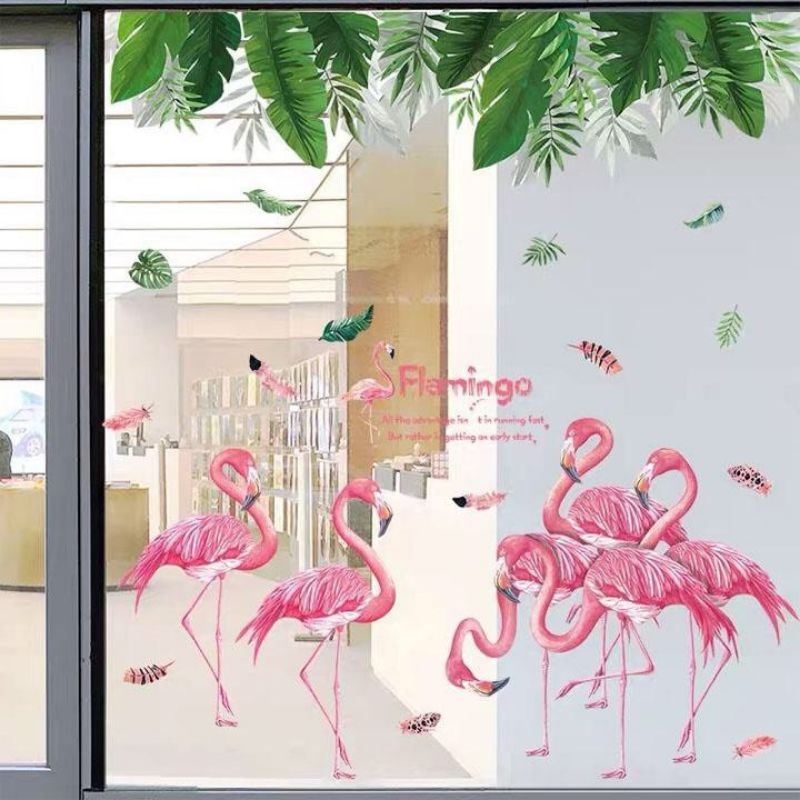 Decal dán tường tán lá xanh và hồng hạc