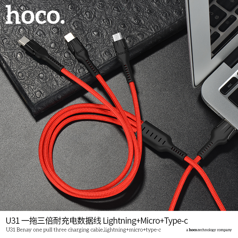 Cáp Hoco U31 (3 Đầu Lightning/Micro/Type-C) Bọc dù chống đứt sạc nhanh.