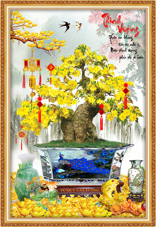 Tranh dán tường trang trí Tết Hoa Mai Bonsai kim sa cao cấp nhiều mẫu mã