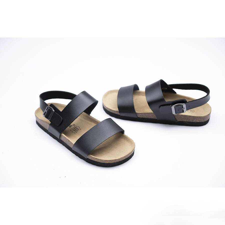 Giày Sandal đế trấu unisex 2 quai da pu đen