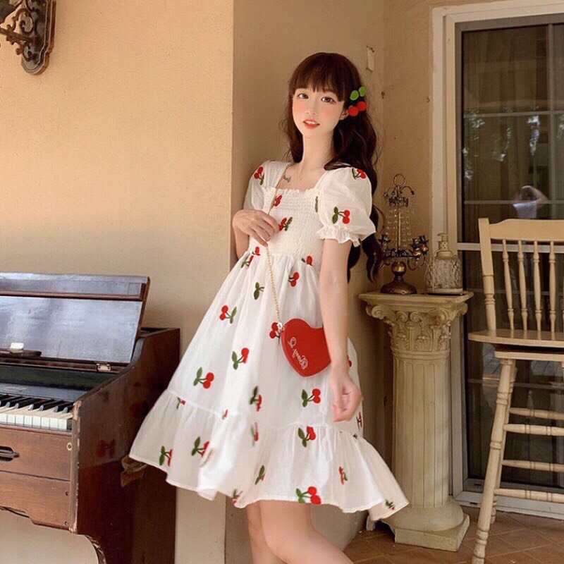 Đầm xòe nữ in hình cherry