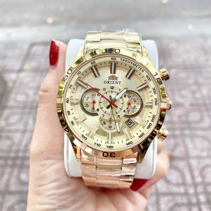 Men's 0rient 6 hands size 44mm luxury watch gold color fullbox waterproof steel strap wristwatch Kiwi