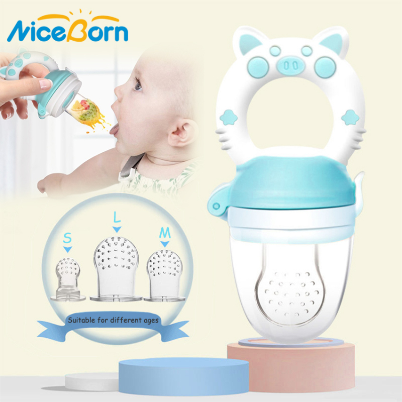 NiceBorn Núm tay cầm bằng silicon an toàn dùng lọc thức ăn cho em bé tự nhai + 3 núm vú có kích thước khác nhau