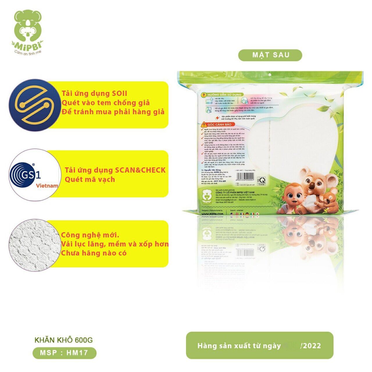 KHĂN KHÔ ĐA NĂNG MIPBI BỊCH 600g (Mẫu Mới- Có Tem Chống Hàng Giả)