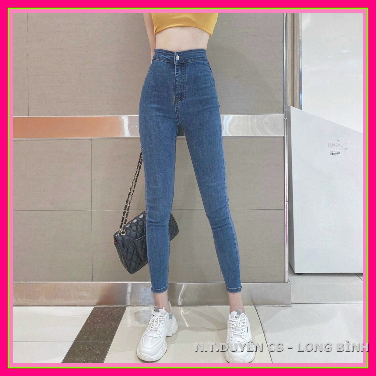 Quần jean nữ lưng cao đai trơn màu xanh đậm cực đẹp - quần bò nữ lưng cao jean giãn -10td