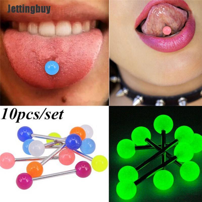 Jettingbuy 10PCS/Set Luminous Ball Barbell Stud Tongue Rings Bars Body Piercing Jewelry