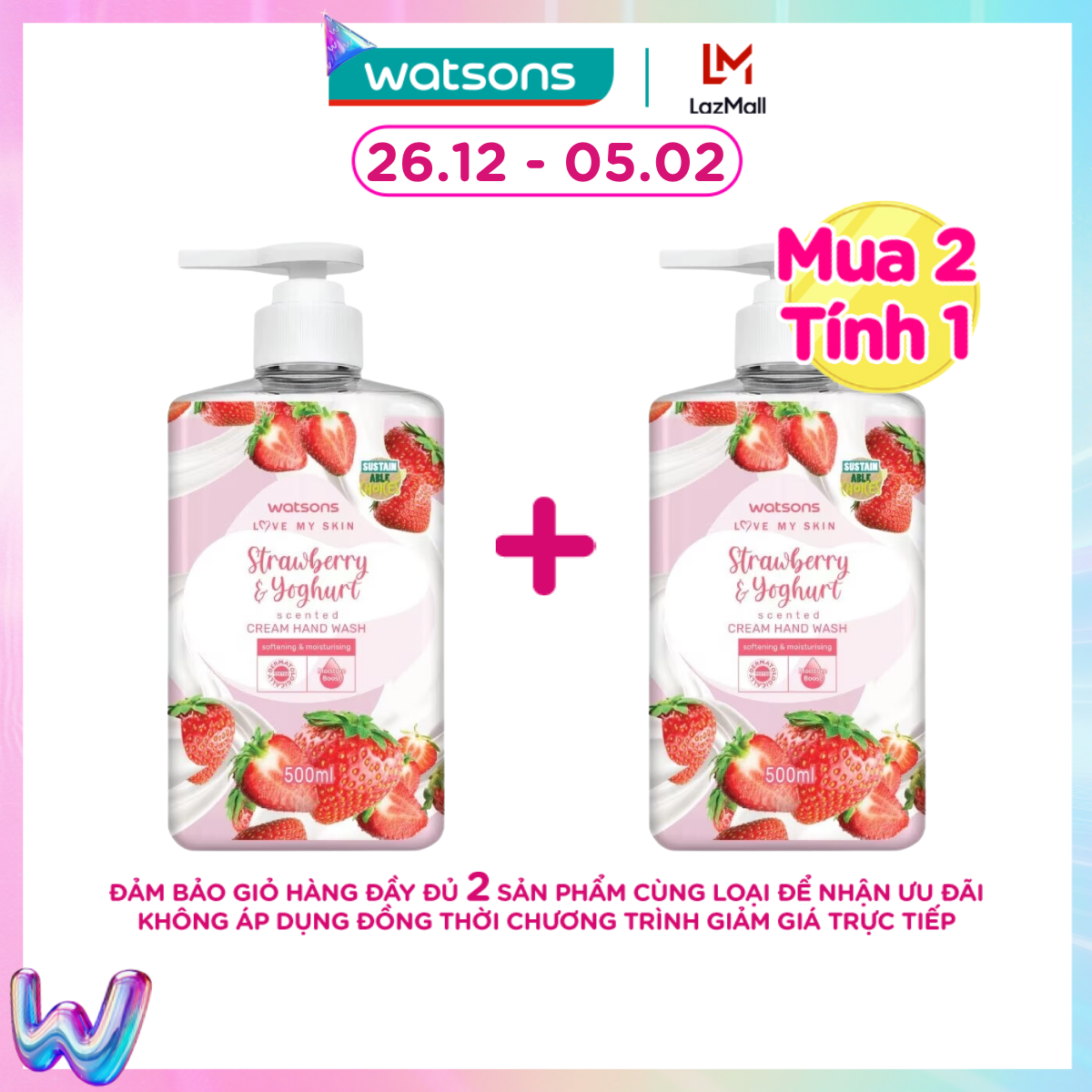 [MUA 2 TÍNH 1] Kem Rửa Tay Watsons Love My Skin Strawberry Yoghurt Scented Cream Hand Wash 500ml