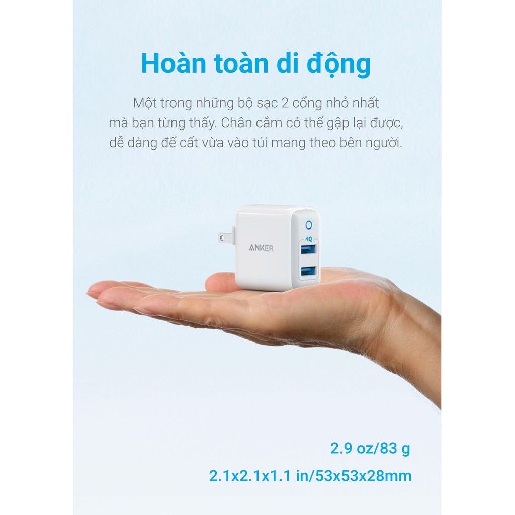 Củ sạc Anker 24w 2 cổng USB A max 12w/port dành cho ip/ipad/ipod/android