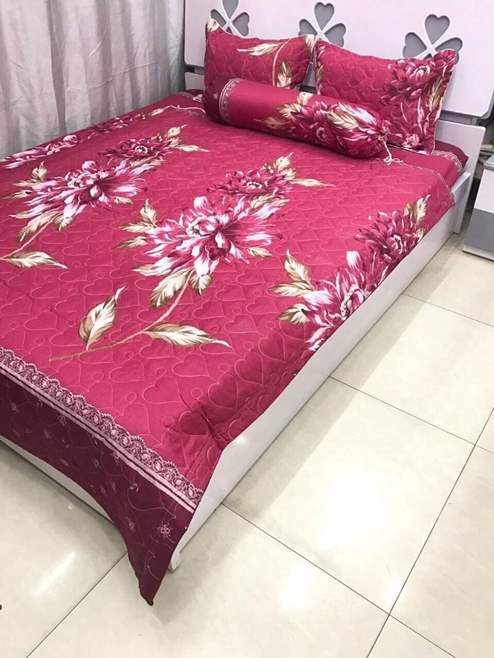 TRỌN BỘ 5 MÓN CHĂN TRẦN GA GỐI VỎ ÔM - HOA ĐỎ ĐÔ  ( nhắn tin cho shop để chọn size giường phù hợp nhé )