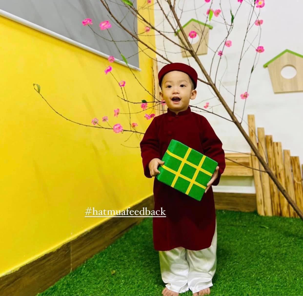 Set áo dài nhung Phú Quý màu đỏ đô cho bé trai (kèm quần lụa trắng và mấn)