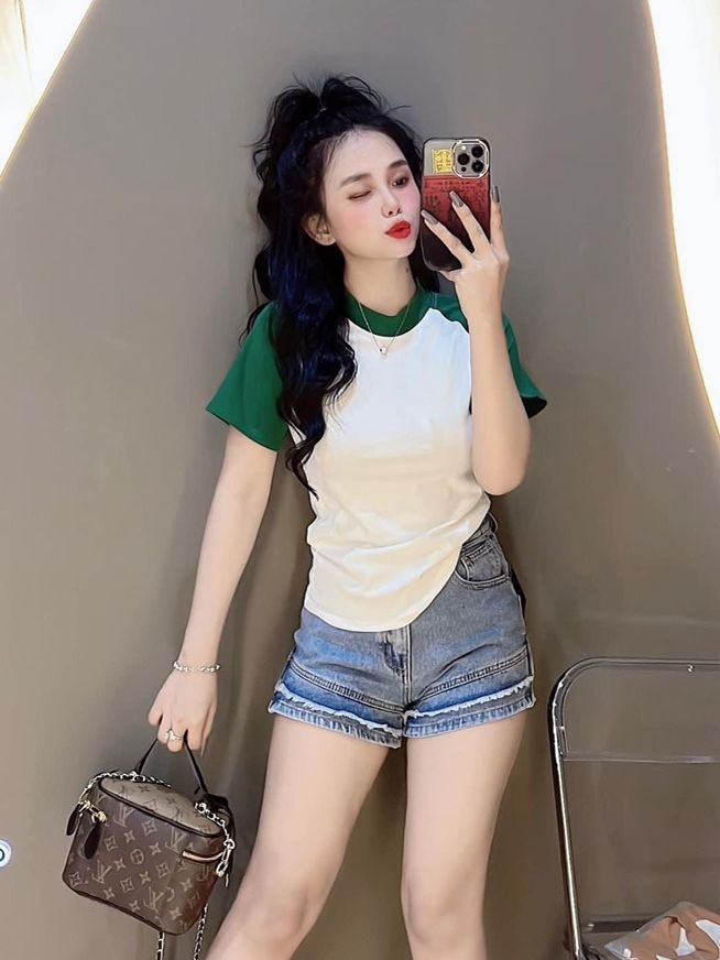 Áo thun nữ dáng ôm phối tay phom dài ( Mã Raglan dưới 55kg )