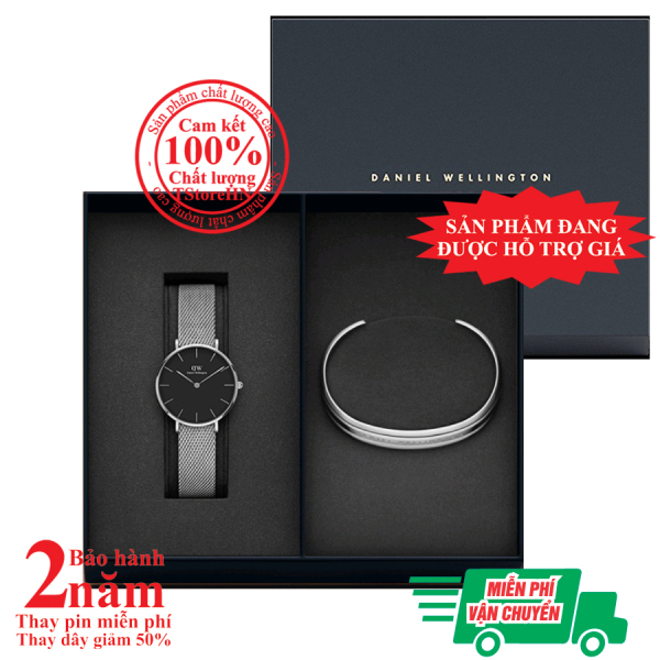 Set đồng hồ nữ DW Classic Petite Sterling 32mm (Mặt Đen) + Vòng tay DW Bracelet - màu bạc (Silver)- DW00500232