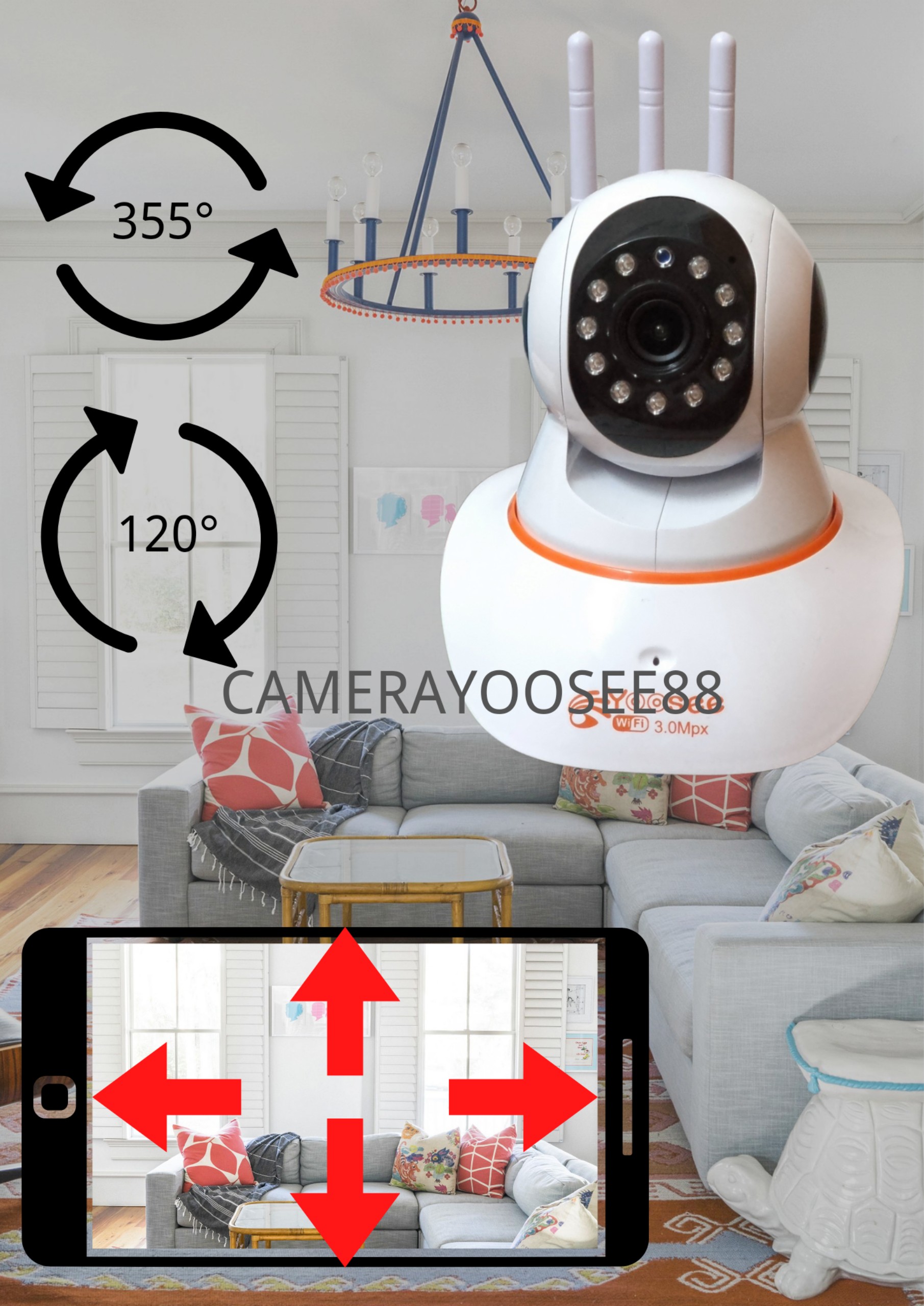 Camera YOOSEE trong nhà 3 râu WIFI bắt sóng mạnh có cổng LAN  hình ảnh FHD 1080p , 11 LED hồng ngoại , đàm thoại 2 chiều