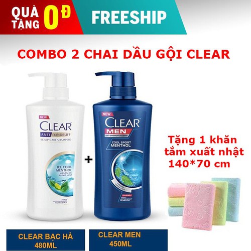 COMBO 2 CHAI DẦU GỘI CLEAR TRI GÀU LÀM MƯỢT TÓC CAO CẤP TẶNG KHĂN TẮM XUẤT NHẬT