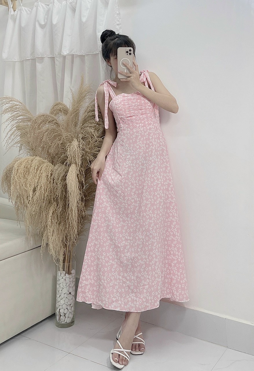 Đầm maxi cột vai vải lụa hoa xếp ly ngực