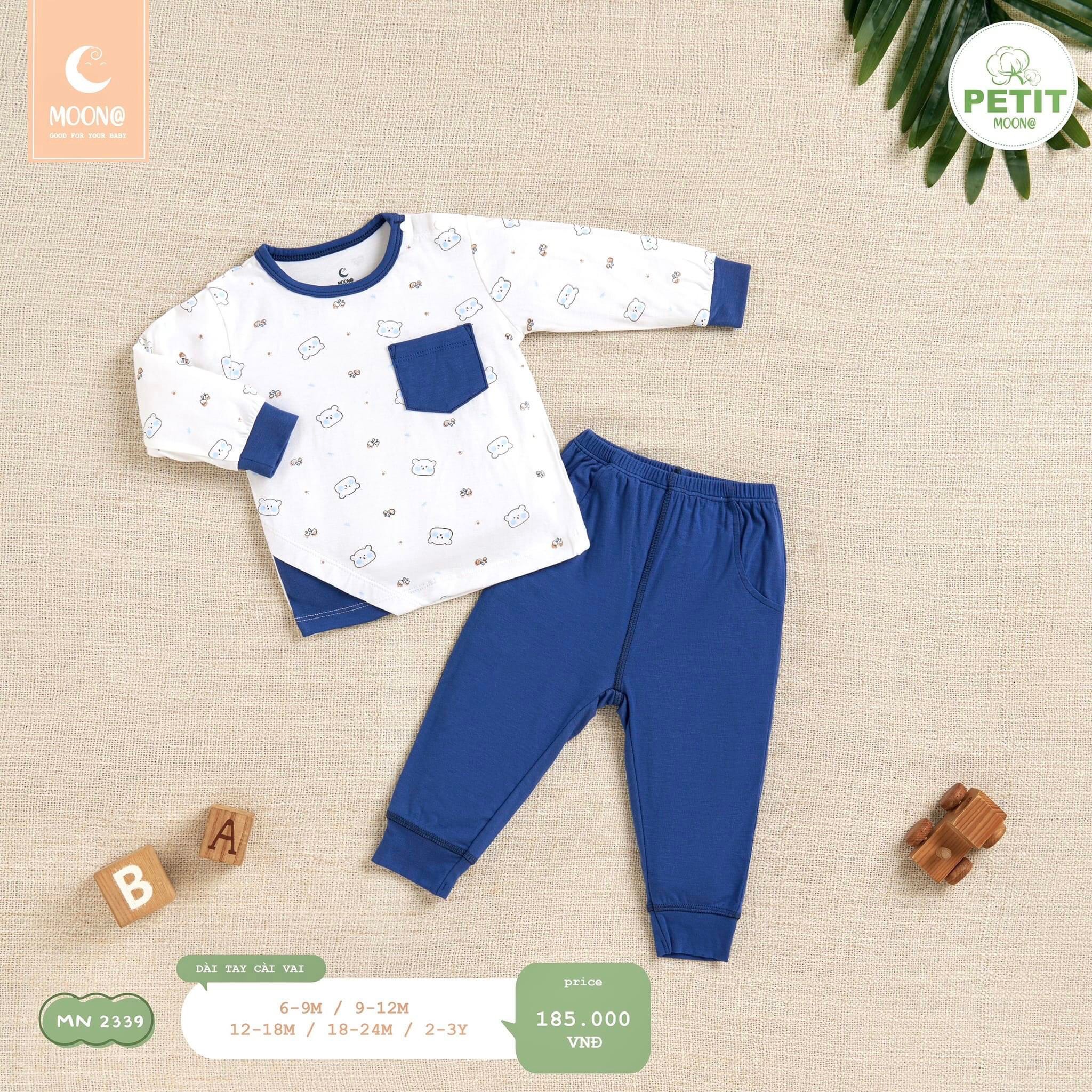 Bộ dài tay cài vai petit mềm mại họa tiết động vật trẻ em Moon