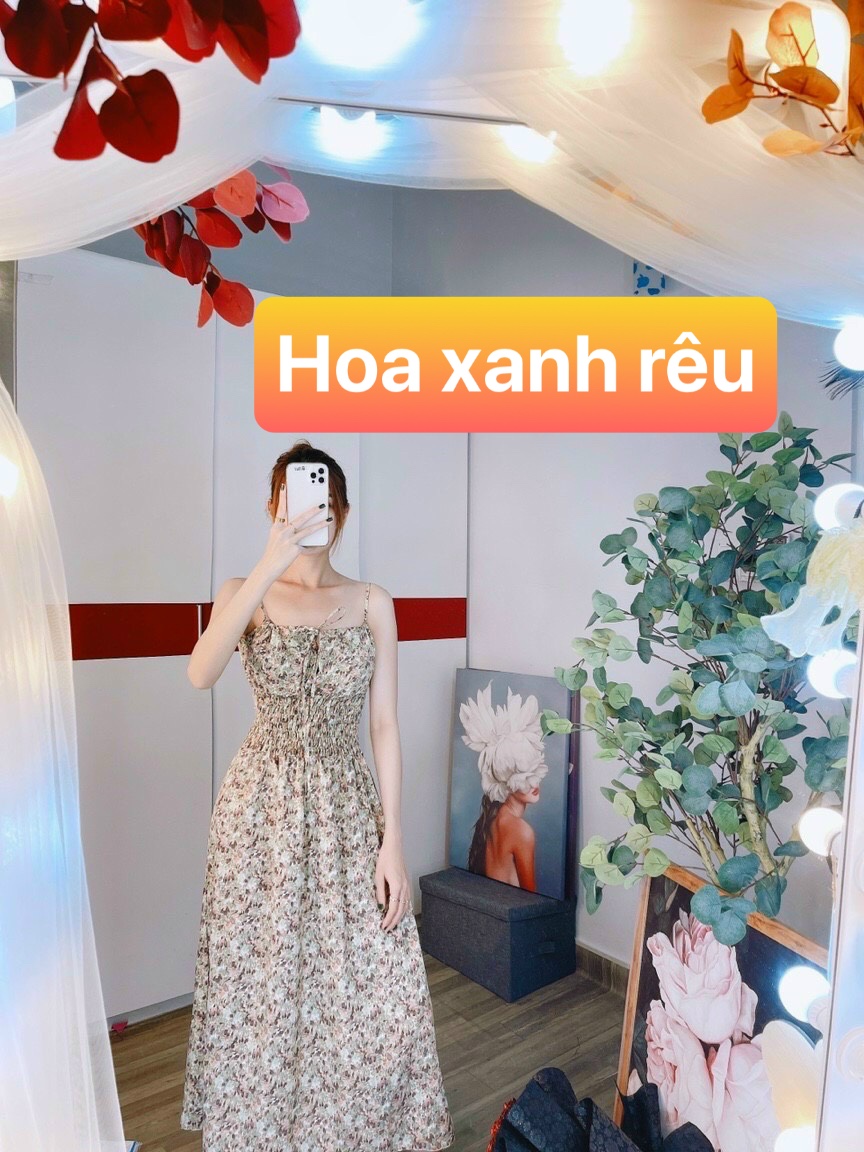 [HCM]Đầm maxi hai dây cột nơ bo eo hoa nhí siêu dễ thương - hình thật