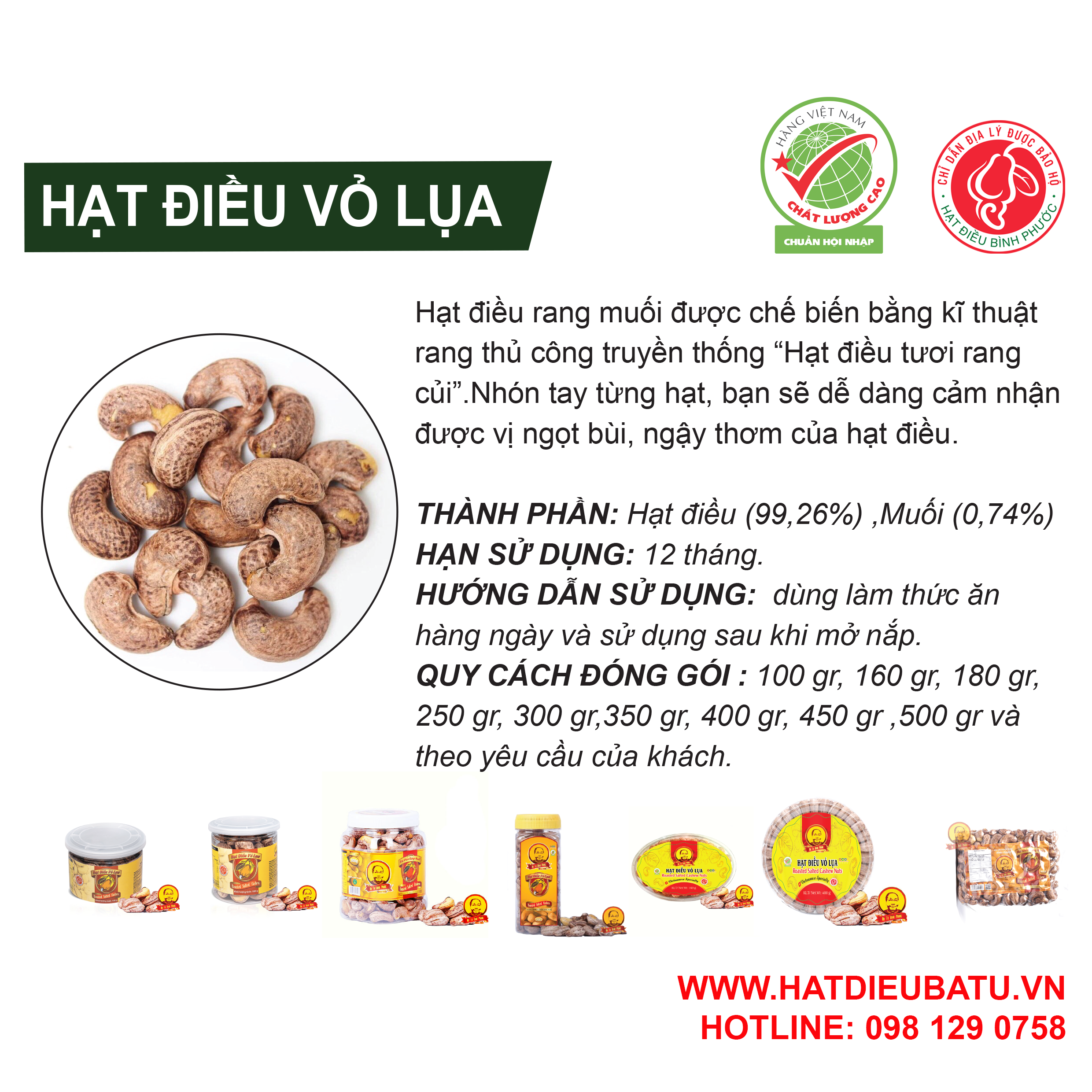 Hạt Điều Vỏ Lụa rang muối hộp 500g - Bà Tư Bình Phước
