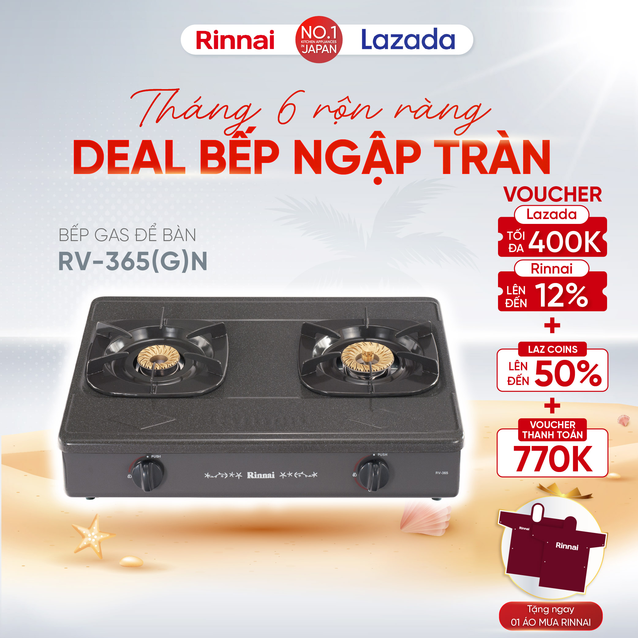 Bếp gas dương Rinnai RV-365N mặt bếp men và kiềng bếp men - Hàng chính hãng.