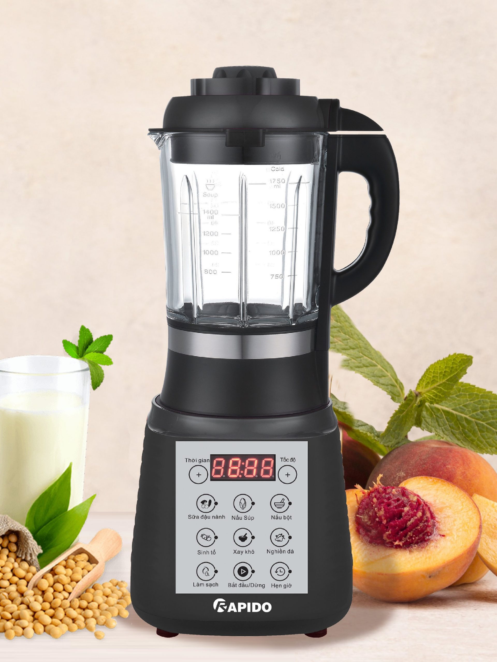 máy làm sữa hạt Rapido RHB1800D - màu đen, đỏ