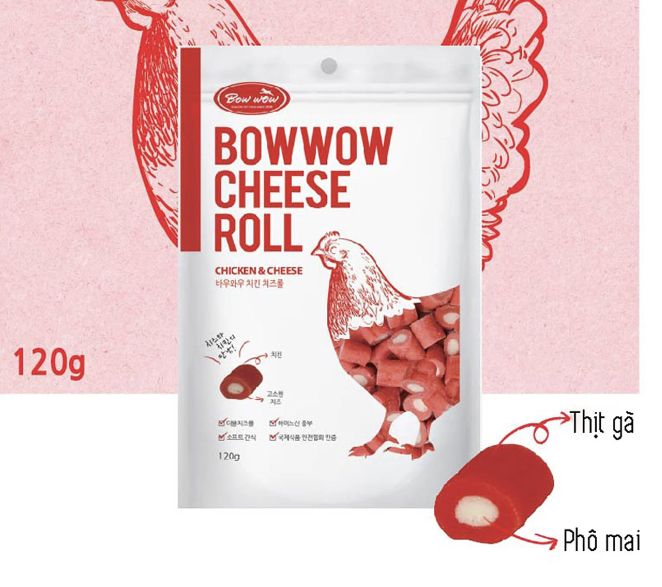Viên thịt gà cuộn phô mai BowWow cho chó 120g
