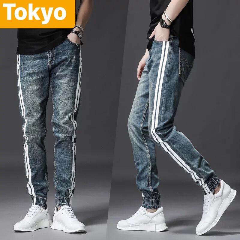 QUẦN JEAN NAM XANH CHẤT BÒ TÚM GẤU 2 VIỀN SỌC SIÊU HOT TOKYO-68 CAO CẤP -TOKYO FASHION