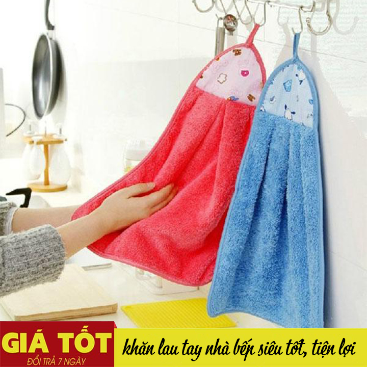 Bộ 3 khăn lau tay nhà bếp loại dày có móc treo (Màu ngẫu nhiên)