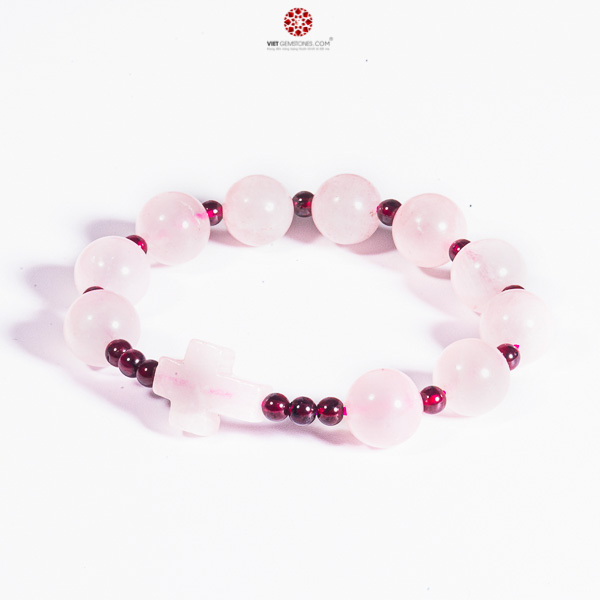 Vòng chuỗi Mân Côi Thạch anh hồng 10mm phối Garnet