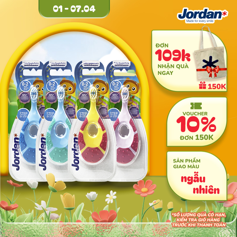 [Giao màu ngẫu nhiên] Combo 4 Bàn chải đánh răng Jordan bước 1 cho bé 0-2 tuổi - Lông tơ mềm siêu mảnh bảo vệ nướu trẻ em, xuất xứ Na Uy