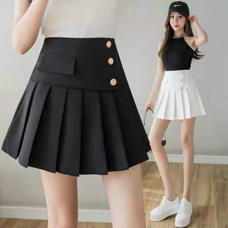 Chân váy xếp ly ngắn lưng cao phối cúc xòe