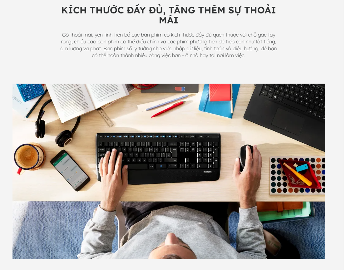 Bàn phím chuột không dây Logitech MK345 kết nối cổng Usb 2.4 GHz, Thiết kế chống đổ tràn, bệ tỳ tay, Full Side - Bảo hành 12 tháng