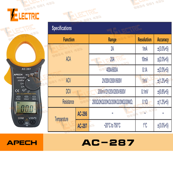 [HCM]Apech AC - 287 Ampe kìm đo điện đo dòng điện AC 600A