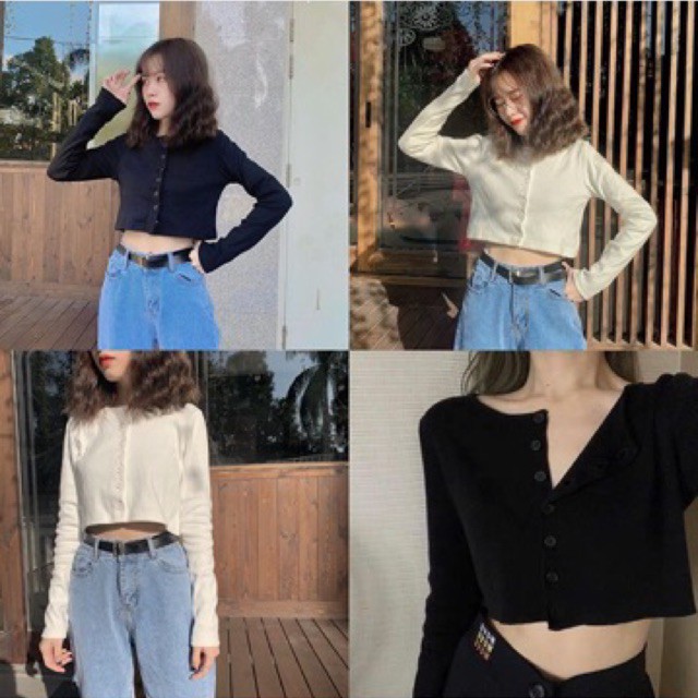 Áo Croptop Yan Tay Dài Phối Khuy Form Rộng