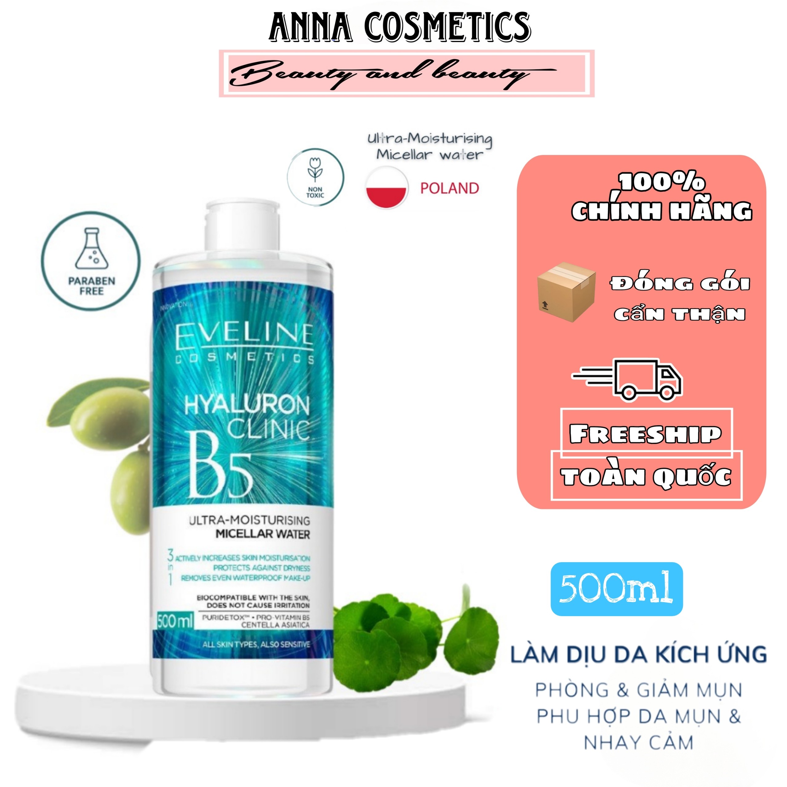 Nước Tẩy Trang Eveline Hyaluron Clinic B5 Puridetox 500ml