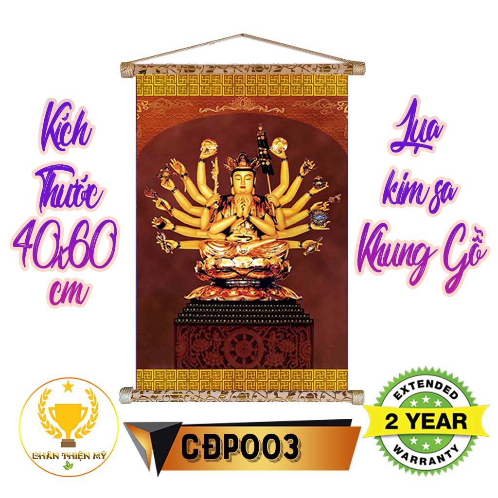 [ Giá gốc tận xưởng] Tranh lụa kim sa Phật Chuẩn đề khung gỗ 40x60cm