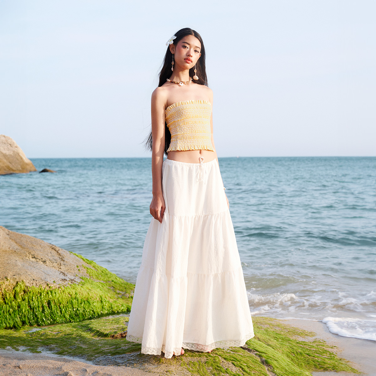 DOTTIE - Chân váy maxi phối ren - Trắng - S0208