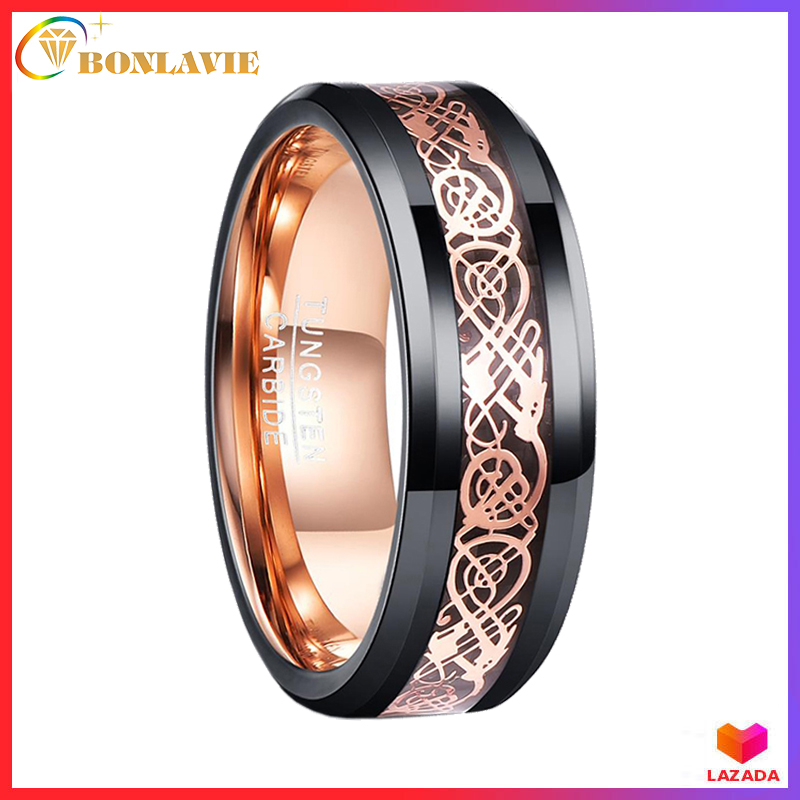 BONLAVIE Men s 8MM Black and Rose Gold Celtic Dragon 100% Real Tungsten