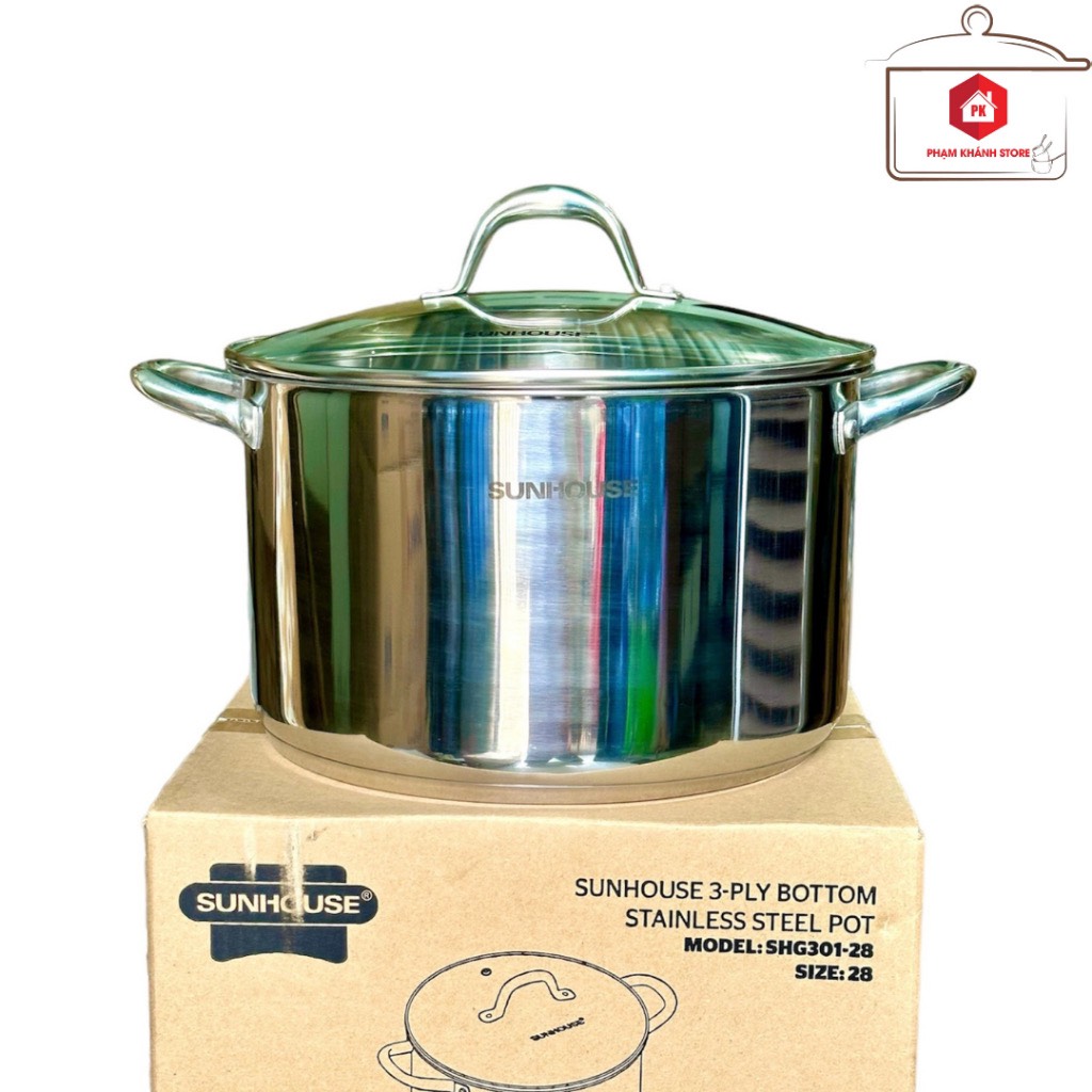 Nồi luộc gà inox 430 3 đáy nắp kính sunhouse 28cm