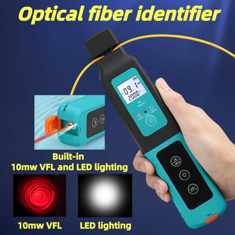 Máy dò lỗi sợi quang vfl 10km tia laser đỏ tích hợp tính năng nhận dạng sợi quang với bước sóng từ 800-1700nm. live optical fiber identifier with wave respond 800-1700nm built in 10mw vfl and optical power meter opm functions ftth tool