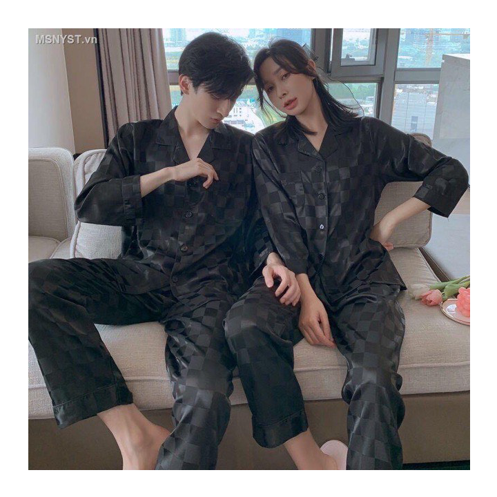 Bộ pyjama lụa dài tay phù hợp cả nam và nữ, bộ đồ ngủ dài tay chất lụa gấm cao cấp